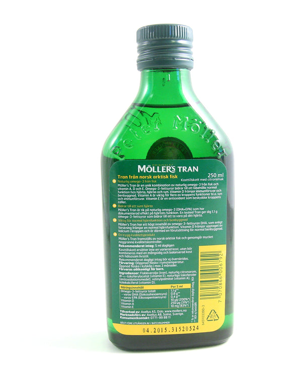 Möllers Omega-3 Tran Citron 250 ml Flytande – baksida med produktinformation