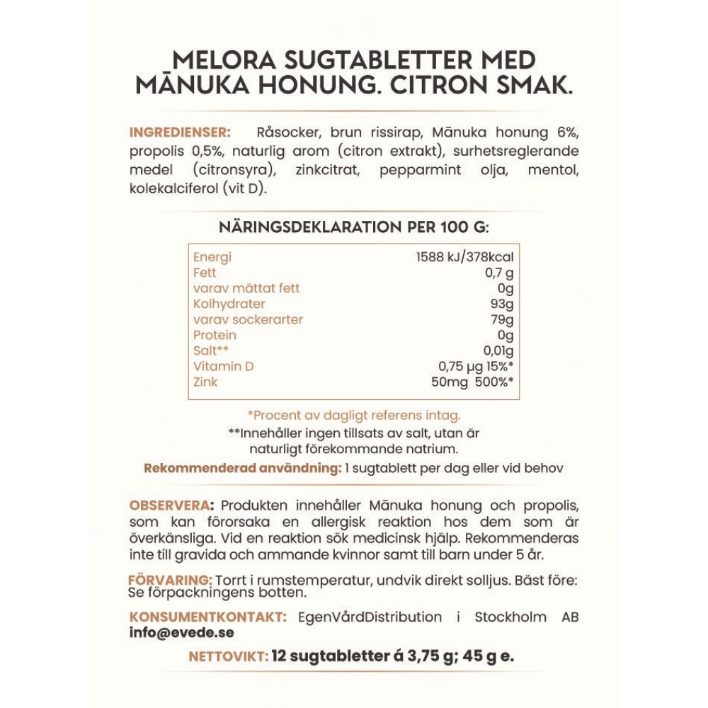 Melora Manuka & Propolis Lozenges Lemon & Peppermint 12 st