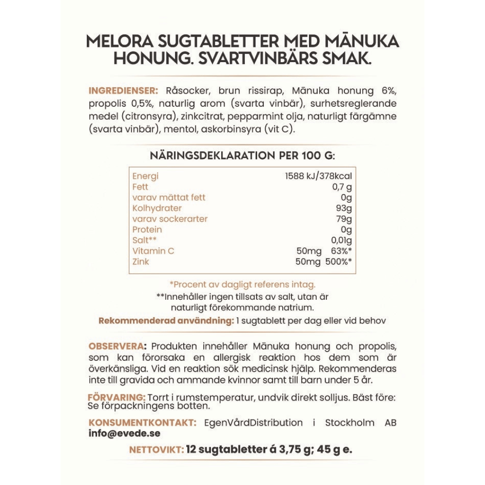 Melora Manuka & Propolis Lozenges Blackcurrant 12 st