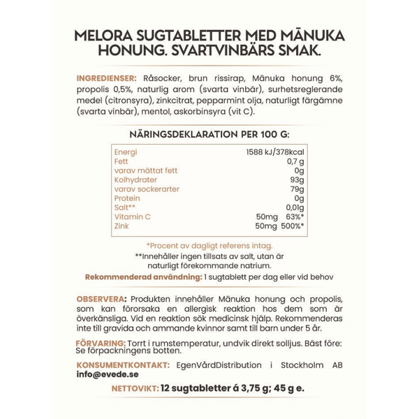 Melora Manuka & Propolis Lozenges Blackcurrant 12 st – produktblad