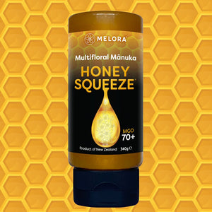 Melora Manuka Honung 70+ MGO Squeeze 330 g – Honey Squeeze MGO 70+ mot honungskakemönster