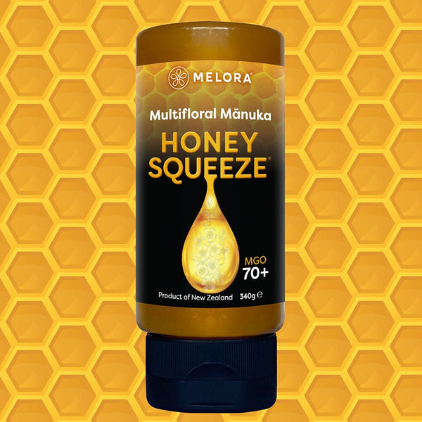 Melora Manuka Honung 70+ MGO Squeeze 330 g – Honey Squeeze MGO 70+ mot honungskakemönster
