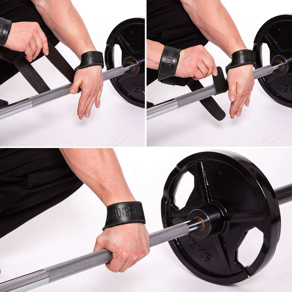 C.P. Sports Padded Leather Lifting Straps Black – instruktionsbild med tre greppmoment för lyftremmar