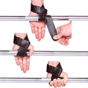 C.P. Sports Padded Leather Lifting Straps Black – instruktionsbild i tre steg för att fästa lyftremmar