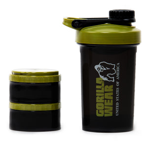 Gorilla Wear Shaker 2 Go Black/Army Green 500 ml + 130 ml x 2 – shaker med stapelbar behållare