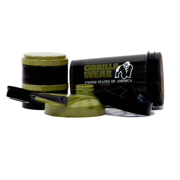 Gorilla Wear Shaker 2 Go Black/Army Green 500 ml + 130 ml x 2 – shaker med behållare och lockdelar