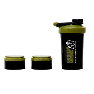 Gorilla Wear Shaker 2 Go Black/Army Green 500 ml + 130 ml x 2 – shaker med två stapelbara behållare