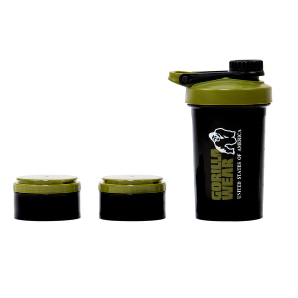 Gorilla Wear Shaker 2 Go Black/Army Green 500 ml + 130 ml x 2 – shaker med två stapelbara behållare