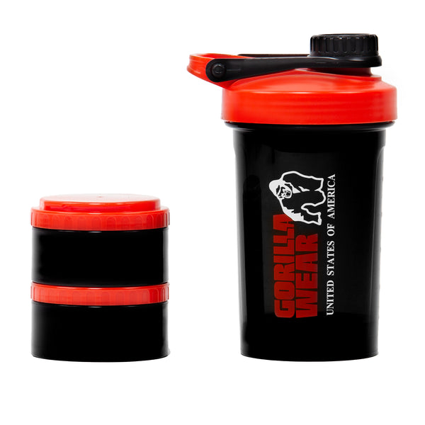 Gorilla Wear Shaker 2 Go Svart/Röd 500 ml + 130 ml x 2 – shaker med stapelbar behållare