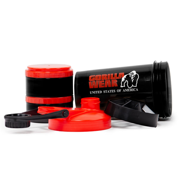 Gorilla Wear Shaker 2 Go Svart/Röd 500 ml + 130 ml x 2 – shaker med röda behållare och lockdelar
