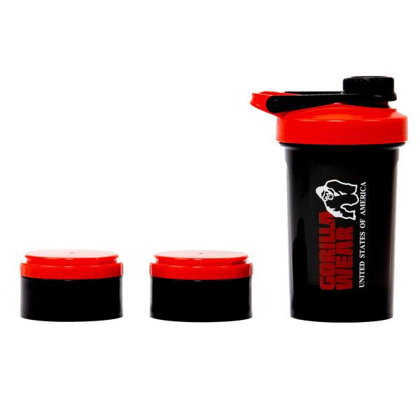 Gorilla Wear Shaker 2 Go Svart/Röd 500 ml + 130 ml x 2 – shaker med två stapelbara behållare