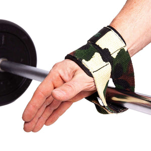 C.P. Sports Figure 8 Straps Lifting Loops green camo – i användning med öppen hand vid skivstång