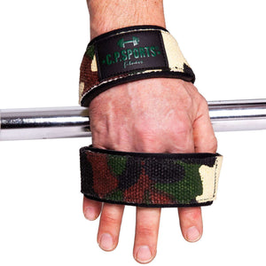 C.P. Sports Figure 8 Straps Lifting Loops green camo – i användning över handrygg vid skivstång