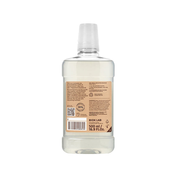 Ecodenta Organic Minty Coconut Mouthwash 500 ml – baksida av Ecodenta Organic Minty Coconut Mouthwash 500 ml
