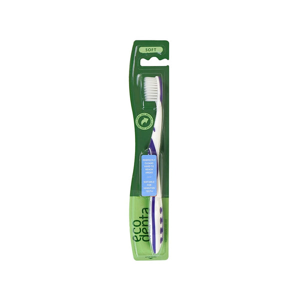 Ecodenta Toothbrush Soft – Ecodenta tandborste Soft med lila detaljer i grön förpackning