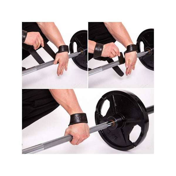 C.P. Sports Padded Leather Lifting Straps Brown – instruktionsbild med tre greppmoment för bruna lyftremmar