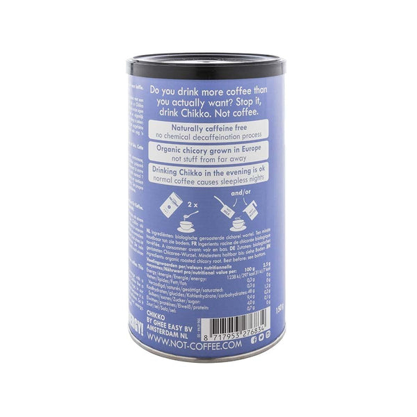 Chikko Not Coffee Ekologiskt Rostat Cikoriakaffe 150 g – baksida med instruktioner
