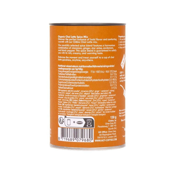 Chikko Not Coffee Chai Lattemix 130 g – baksida med innehållsinformation