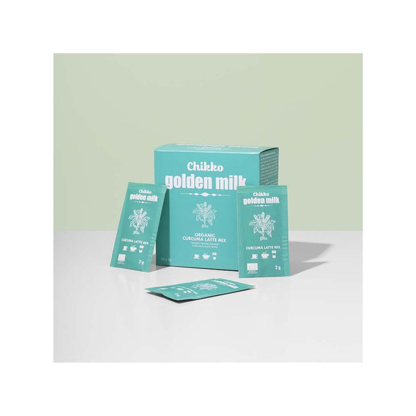 Chikko Not Coffee Golden Milk Lattemix Sticks 50 g – Latte Mix portionspåsar och förpackning
