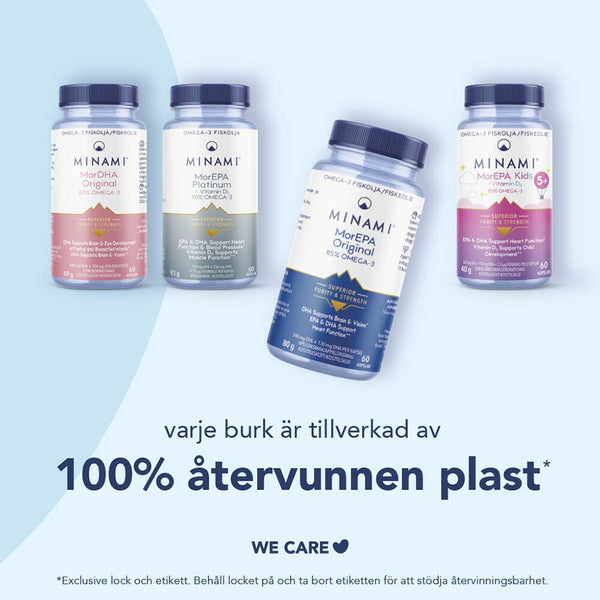 Minami MorEPA Omega-3 Original 85% 60 kapslar – med budskap om återvunnen plast