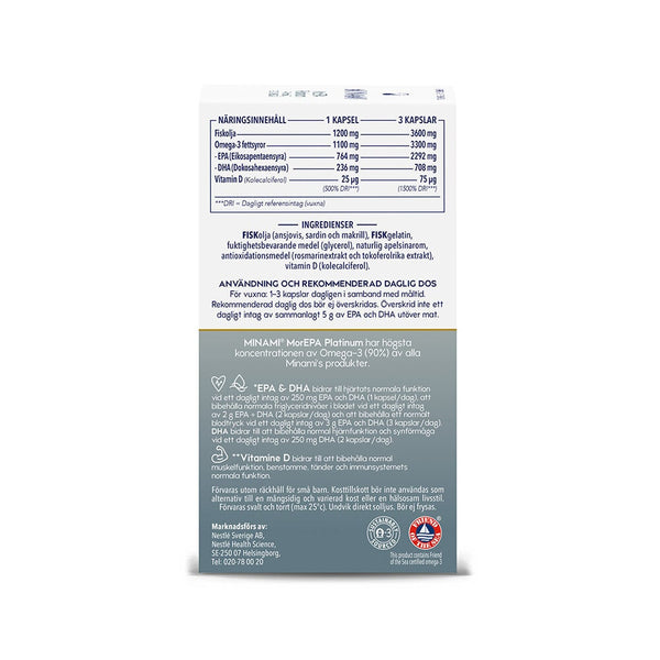 Minami MorEPA Omega-3 Platinum 90% 60 kapslar – baksida med innehållsinformation