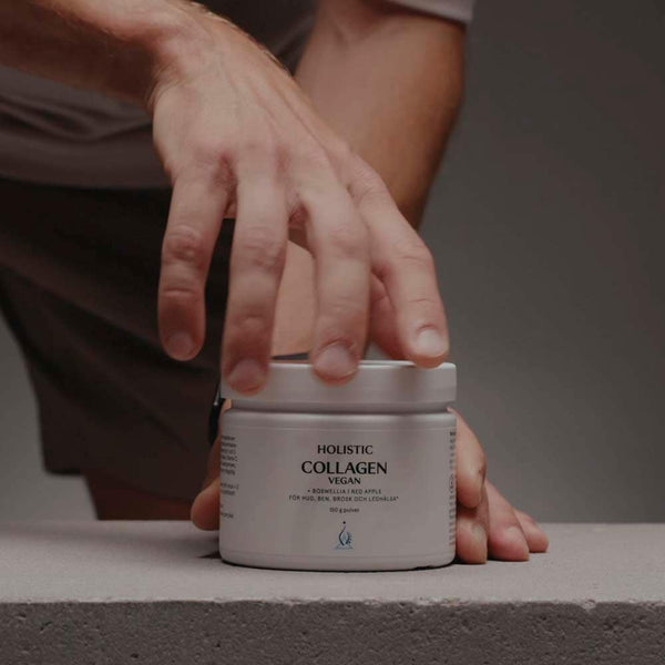 Holistic Collagen Vegan Pulver 150 g – Vegan-burk framför händer