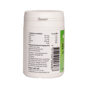 Ledins Vitamin B12 med folsyra 60 tabletter – baksida med dosering och streckkod