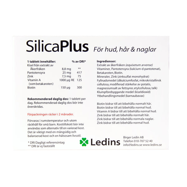 Ledins Silica Plus 60 tabletter – SilicaPlus produktblad med innehålls- och ingrediensinformation