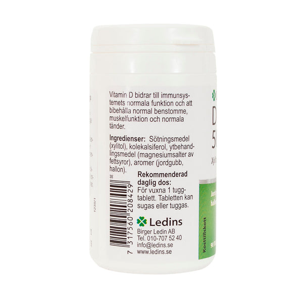 Ledins D-Vitamin 50 µg 90 tuggtabletter – baksida med produktinformation