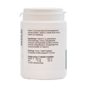 Ledins C-Vitamin+Zink 120 sugtabletter – baksida med ingrediensinformation
