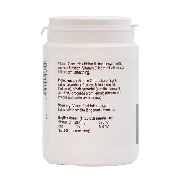 Ledins C-Vitamin+Zink 120 sugtabletter – baksida med ingrediensinformation