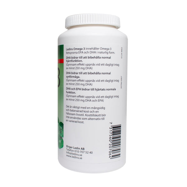 Ledins Omega-3 1000 mg 120 kapslar – baksida med dosering och streckkod