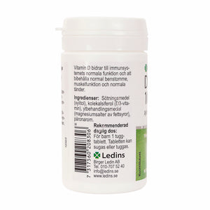 Ledins D-Vitamin Kids 10 µg 90 Tuggtabletter – baksida med dosering och ingrediensinformation