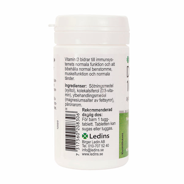 Ledins D-Vitamin Kids 10 µg 90 Tuggtabletter – baksida med dosering och ingrediensinformation