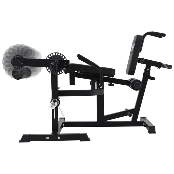 Master Fitness BX25 Ben & Bål Träningsmaskin – benspark med rörelseillustration från motsatt sida