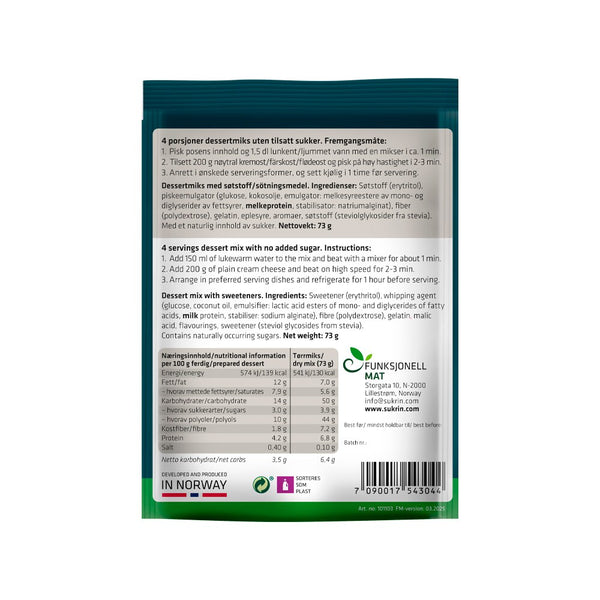 Sukrin Dessert mix 73 g – baksida med näringsinformation