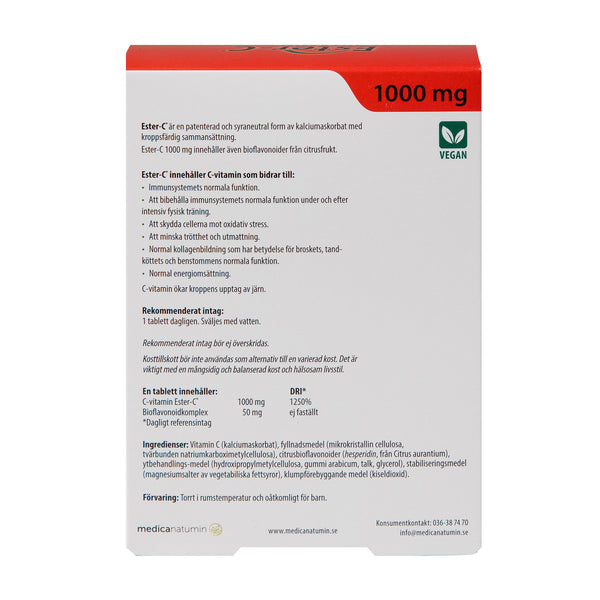 Ester-C C-Vitamin 1000 mg 60 tabletter – baksida med produktinformation