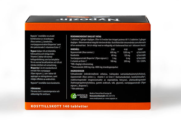 Nypozin Nypon 140 tabletter – baksida med innehållsinformation
