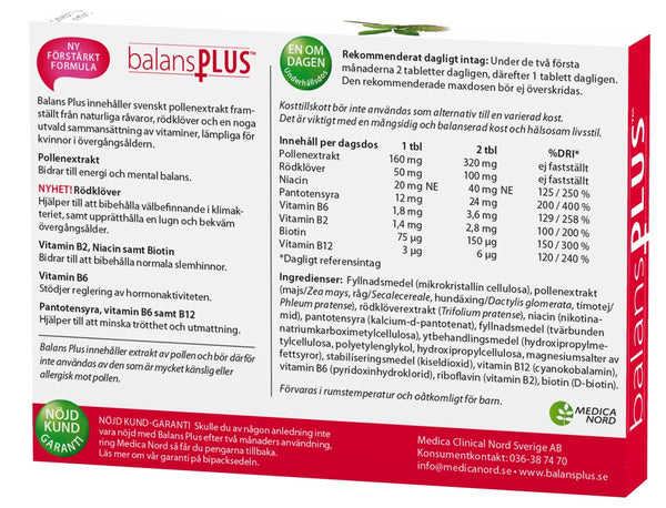 Balans Plus Menopause 60 tabletter – baksida med innehållsinformation
