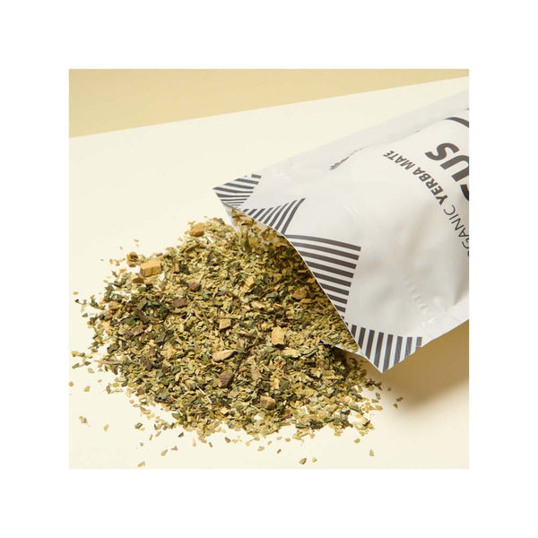 Matetea Yerba Mate Focus 180 g – i lös form framför förpackning