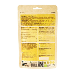 Rawpowder Baobab Pulver 150 g – baksida med näringsinformation