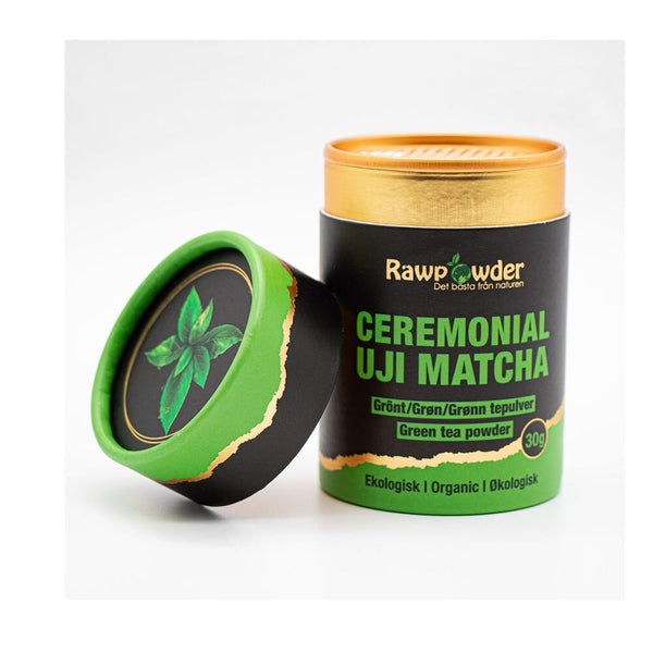 Rawpowder Matcha Te UJI Ceremoniell 30 g – Rawpowder Ceremonial Uji Matcha med öppnad burk