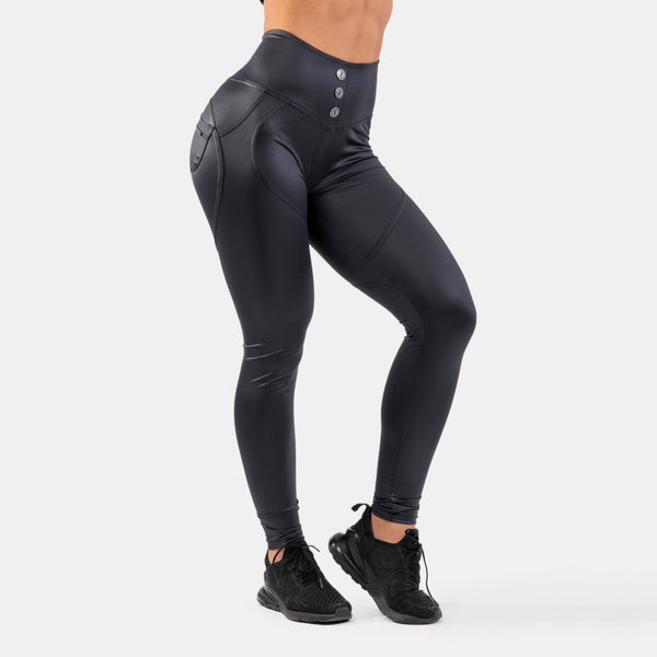 NEBBIA High Waist Glossy Look Bubble Butt Pants vulcanic black