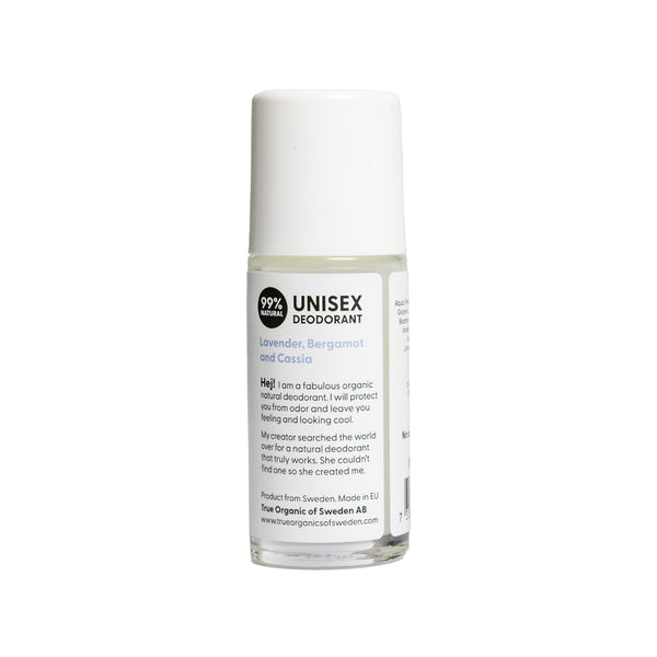 True Organic Naturlig Deodorant Undercover Agen – baksida av True Organic Undercover Agent Lavender Bergamot Cassia deodorant