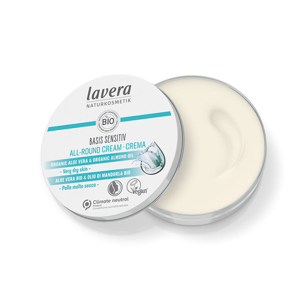 Lavera Basis Sensitive All-Round Cream 150 ml – Sensitiv All-Round Cream i öppnad burk