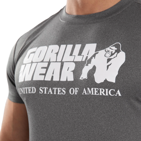 Gorilla Wear Classic Training T-Shirt Grey Melange – närbild av brösttryck