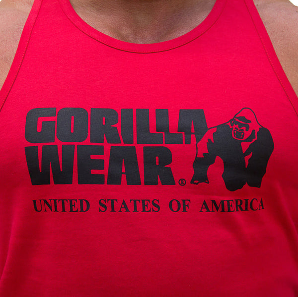 Gorilla Wear Classic Tank Top Red – närbild av brösttryck