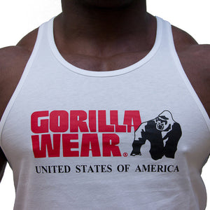 Gorilla Wear Classic Tank Top White – närbild av brösttryck