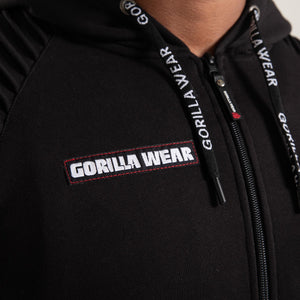 Gorilla Wear Georgia Zipped Hoodie Black – närbild av bröstlogotyp och dragkedja