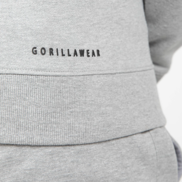 Gorilla Wear Leon Zipped Hoodie Grey – närbild av nederkant och logotyp